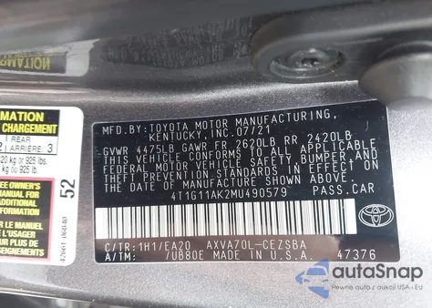 2021 Toyota Camry Se/Se Night Shade из США, поврежденный, VIN 4T1G11AK2MU490579